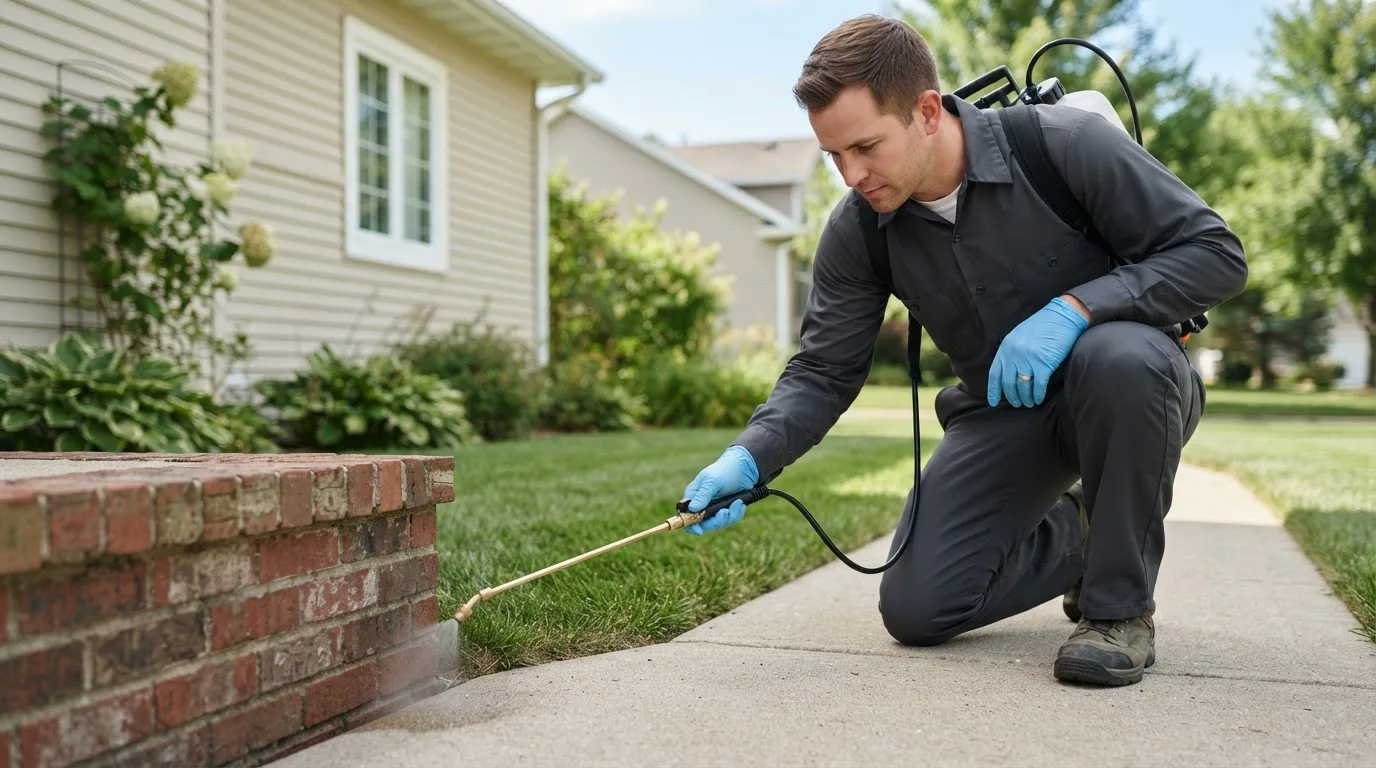 Pest control technician treating a home near Winthrop, ME